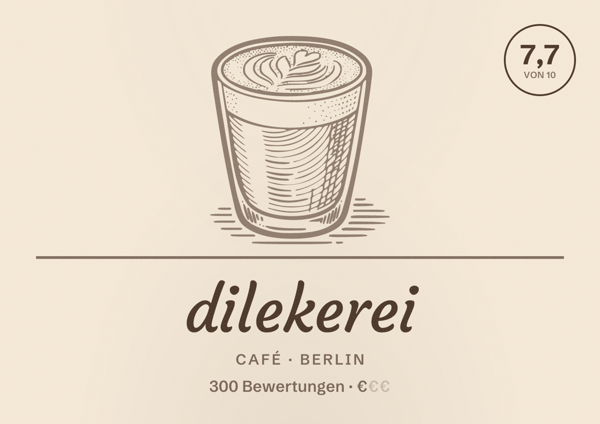 Illustriertes Poster von dilekerei, Café in Berlin: Bewertung 7,7 von 10 aus 300 Bewertungen, Preisniveau €