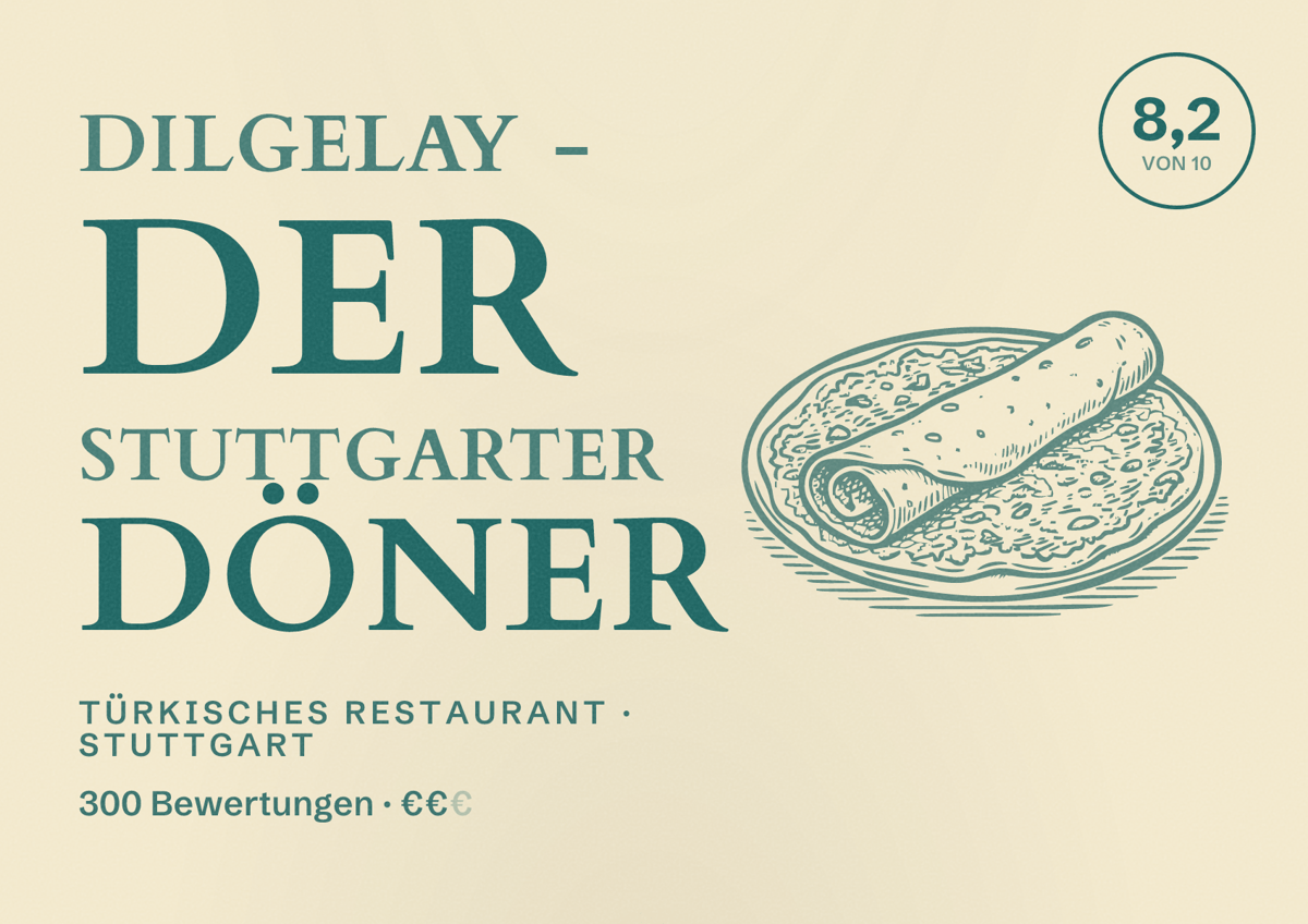 Illustriertes Poster von Dilgelay - Der Stuttgarter Döner, Türkisches Restaurant in Stuttgart: Bewertung 8,2 von 10 aus 300 Bewertungen, Preisniveau €€