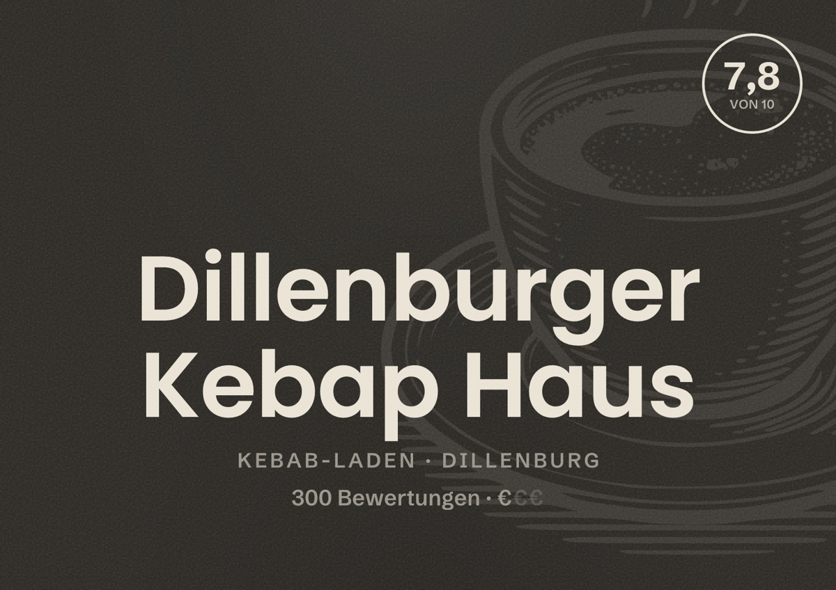 Illustriertes Poster von Dillenburger Kebap Haus, Kebab-Laden in Dillenburg: Bewertung 7,8 von 10 aus 300 Bewertungen, Preisniveau €
