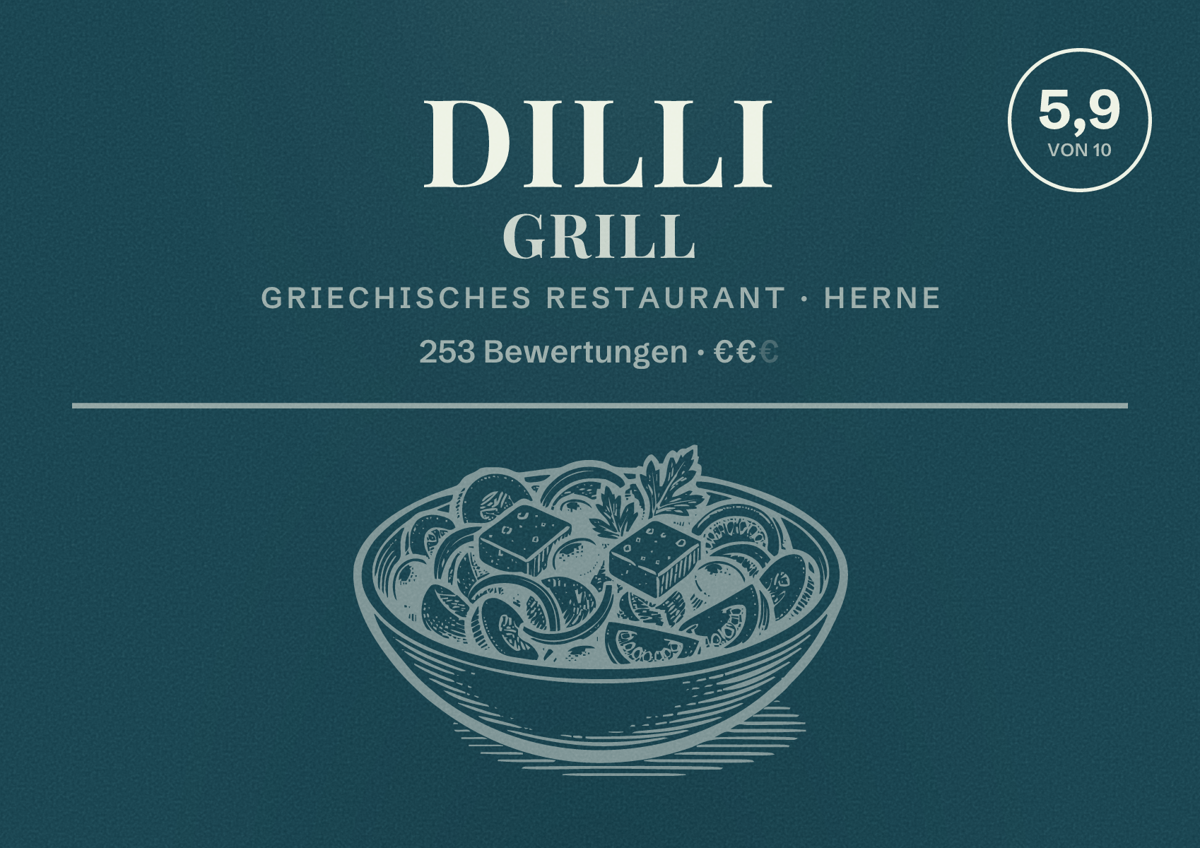 Illustriertes Poster von Dilli Grill, Griechisches Restaurant in Herne: Bewertung 5,9 von 10 aus 253 Bewertungen, Preisniveau €€