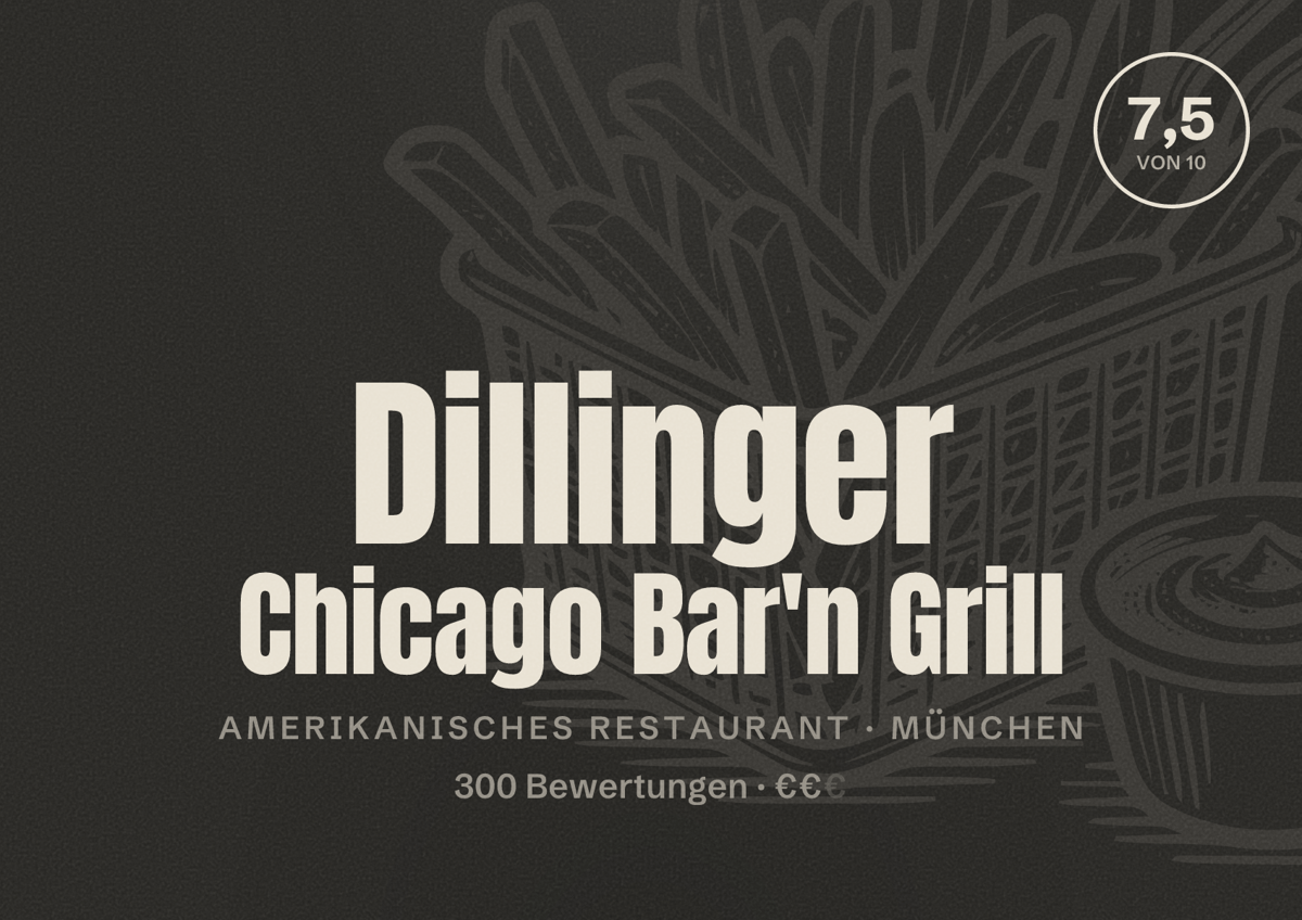 Illustriertes Poster von Dillinger Chicago Bar'n Grill, Amerikanisches Restaurant in München: Bewertung 7,5 von 10 aus 300 Bewertungen, Preisniveau €€