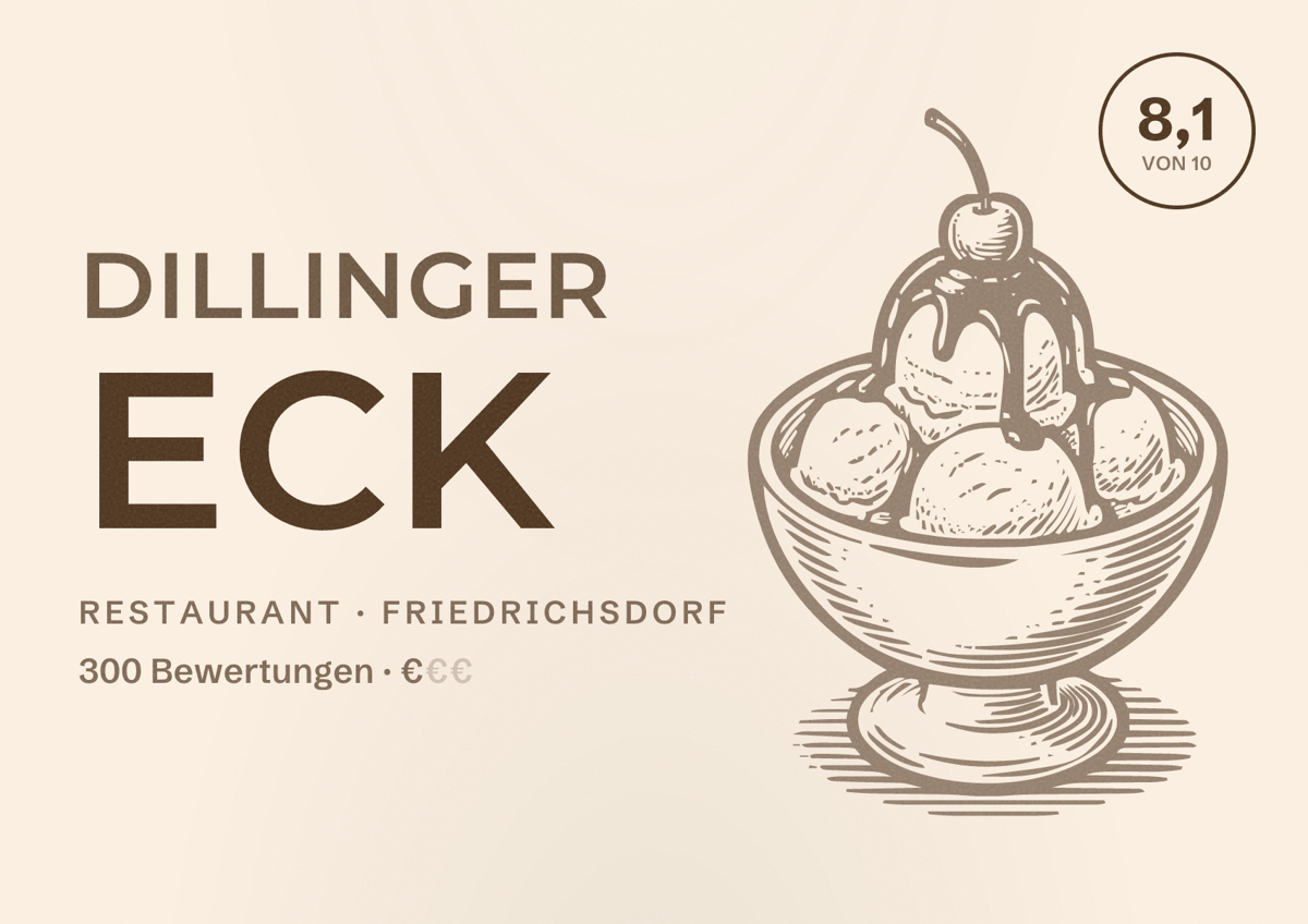 Illustriertes Poster von Dillinger Eck, Restaurant in Friedrichsdorf: Bewertung 8,1 von 10 aus 300 Bewertungen, Preisniveau €