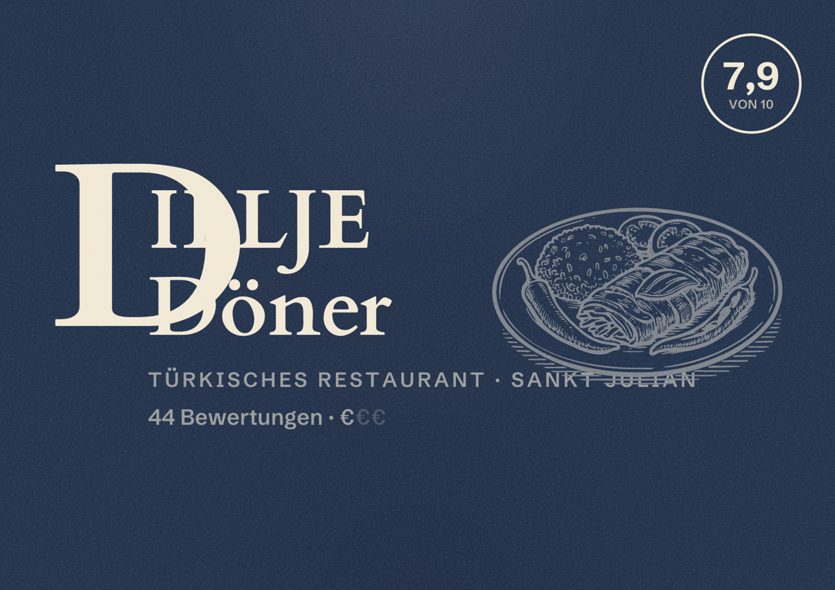 Illustriertes Poster von DILLJE Döner, Türkisches Restaurant in Sankt Julian: Bewertung 7,9 von 10 aus 44 Bewertungen, Preisniveau €