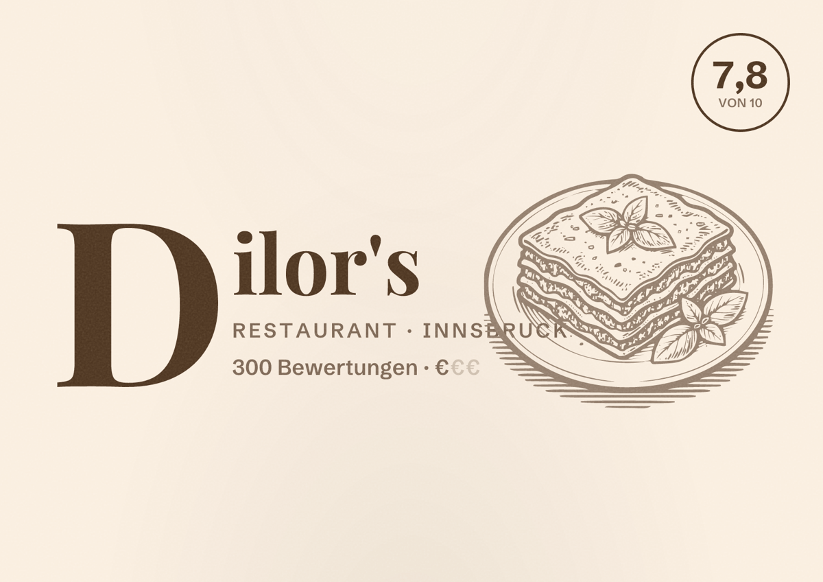 Illustriertes Poster von Dilor's, Restaurant in Innsbruck: Bewertung 7,8 von 10 aus 300 Bewertungen, Preisniveau €