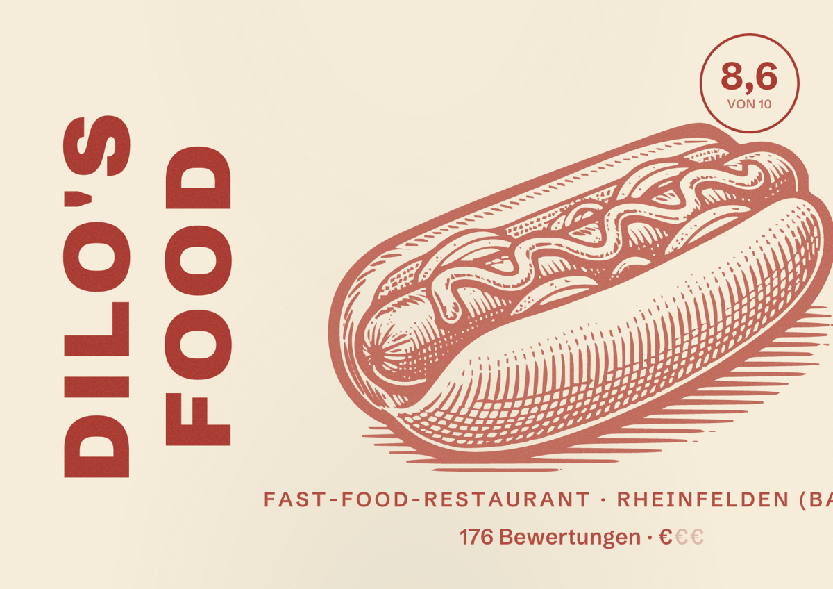 Illustriertes Poster von Dilo's Food, Fast-Food-Restaurant in Rheinfelden (Baden): Bewertung 8,6 von 10 aus 176 Bewertungen, Preisniveau €