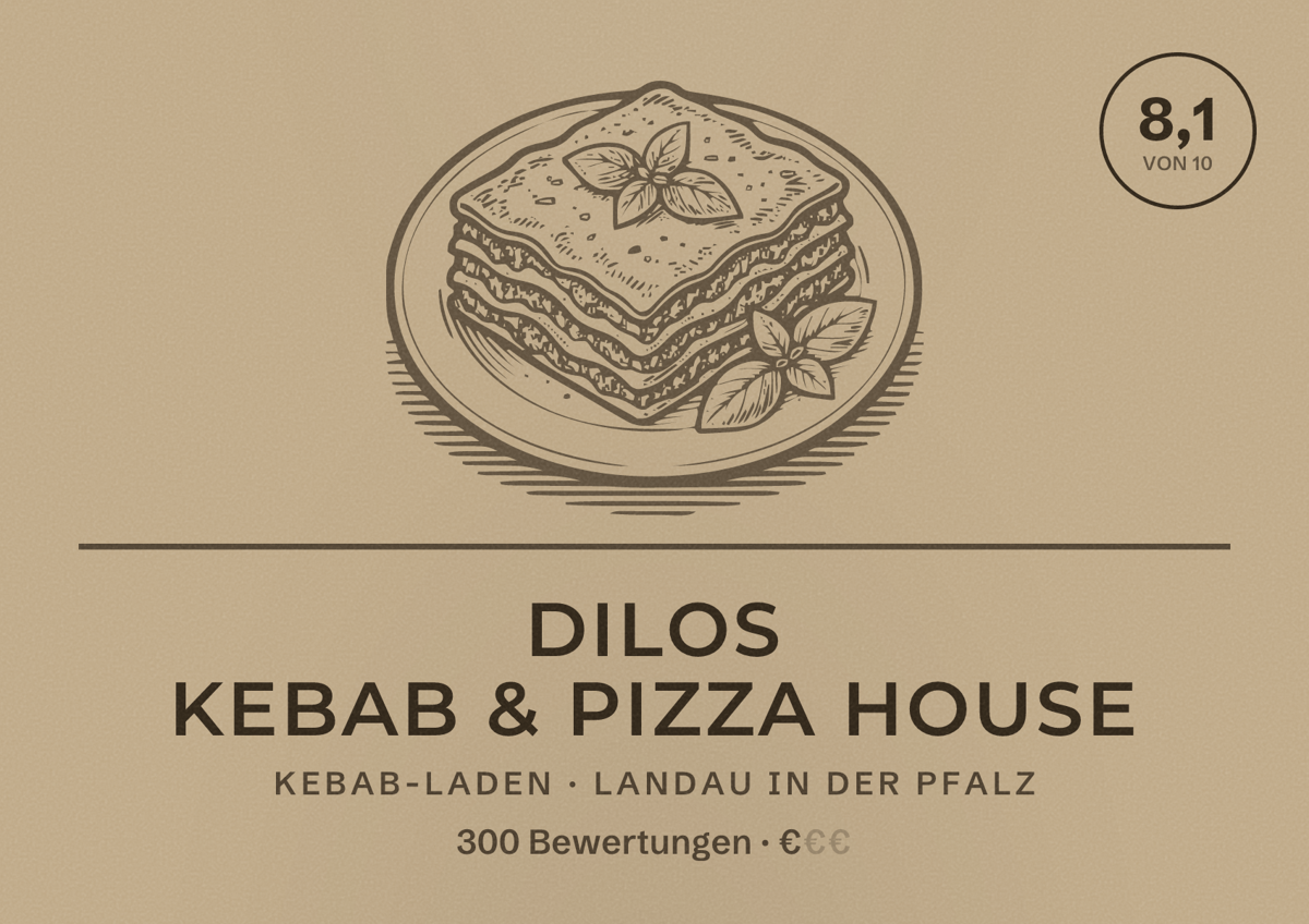 Illustriertes Poster von Dilos Kebab & Pizza House, Kebab-Laden in Landau in der Pfalz: Bewertung 8,1 von 10 aus 300 Bewertungen, Preisniveau €