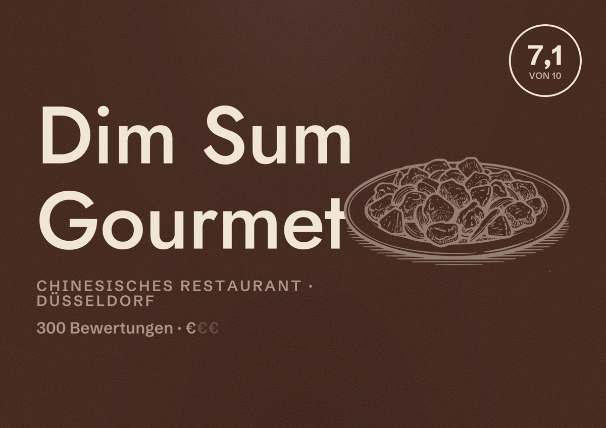 Illustriertes Poster von Dim Sum Gourmet, Chinesisches Restaurant in Düsseldorf: Bewertung 7,1 von 10 aus 300 Bewertungen, Preisniveau €
