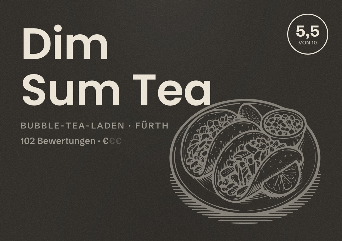 Illustriertes Poster von Dim Sum Tea, Bubble-Tea-Laden in Fürth: Bewertung 5,5 von 10 aus 102 Bewertungen, Preisniveau €