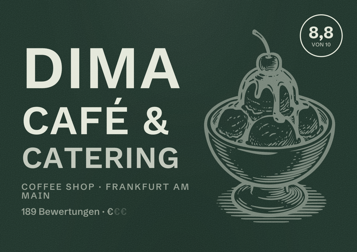 Illustriertes Poster von Dima Café & Catering, Coffee Shop in Frankfurt am Main: Bewertung 8,8 von 10 aus 189 Bewertungen, Preisniveau €