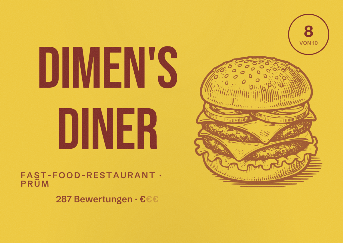 Illustriertes Poster von Dimen's Diner, Fast-Food-Restaurant in Prüm: Bewertung 8 von 10 aus 287 Bewertungen, Preisniveau €