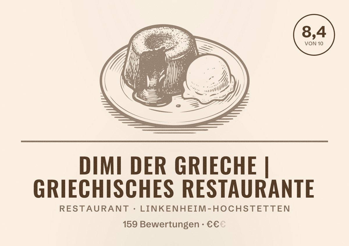 Illustriertes Poster von DIMI Der Grieche | Griechisches Restaurante, Restaurant in Linkenheim-Hochstetten: Bewertung 8,4 von 10 aus 159 Bewertungen, Preisniveau €€