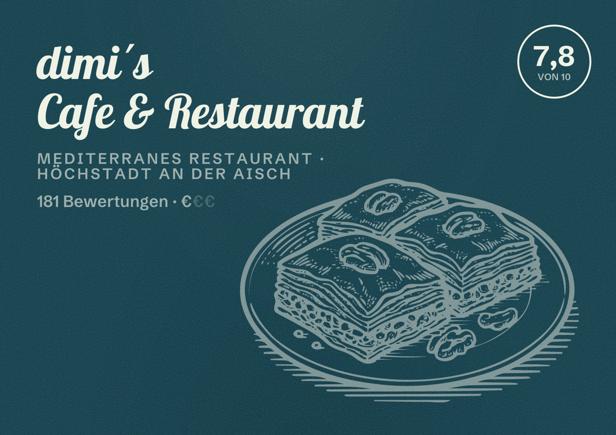 Illustriertes Poster von dimi´s Cafe & Restaurant, Mediterranes Restaurant in Höchstadt an der Aisch: Bewertung 7,8 von 10 aus 181 Bewertungen, Preisniveau €