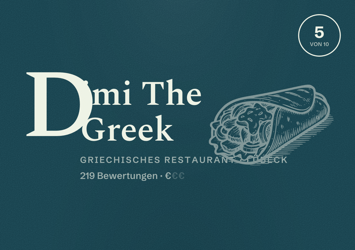Illustriertes Poster von Dimi The Greek, Griechisches Restaurant in Lübeck: Bewertung 5 von 10 aus 219 Bewertungen, Preisniveau €