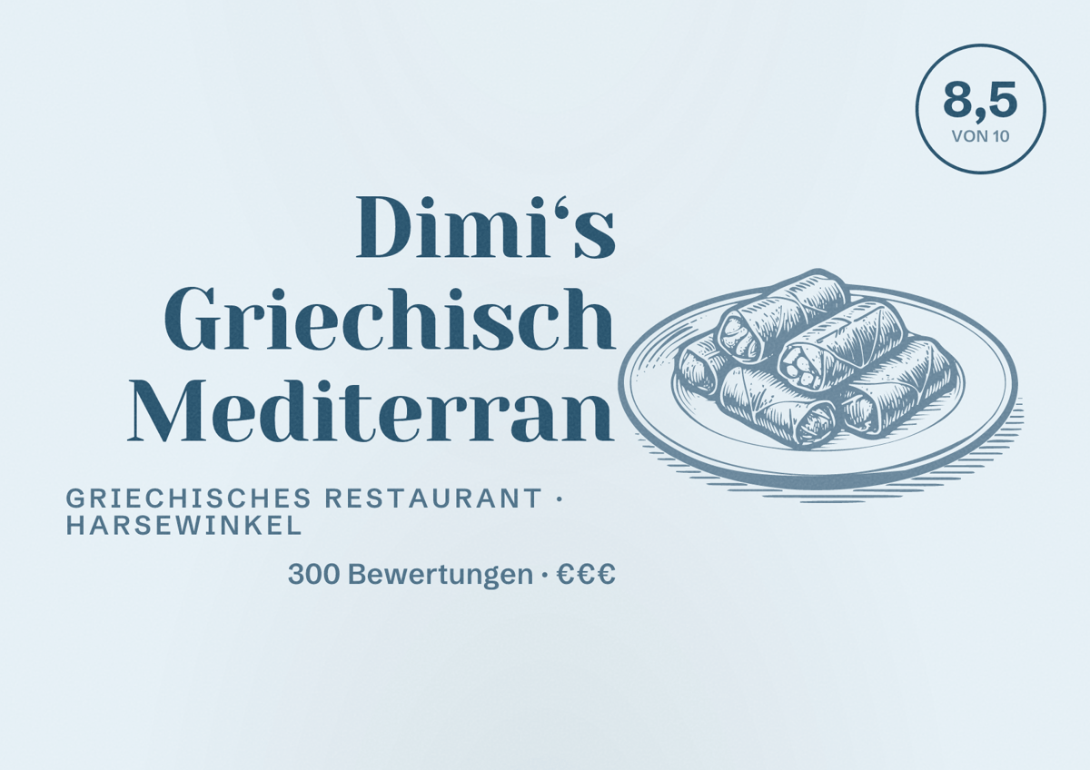 Illustriertes Poster von Dimi‘s Griechisch Mediterran, Griechisches Restaurant in Harsewinkel: Bewertung 8,5 von 10 aus 300 Bewertungen, Preisniveau €€€