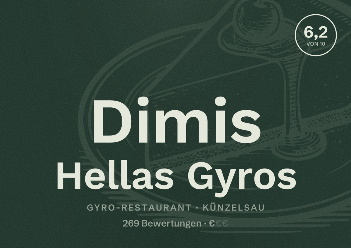 Illustriertes Poster von Dimis Hellas Gyros, Gyro-Restaurant in Künzelsau: Bewertung 6,2 von 10 aus 269 Bewertungen, Preisniveau €