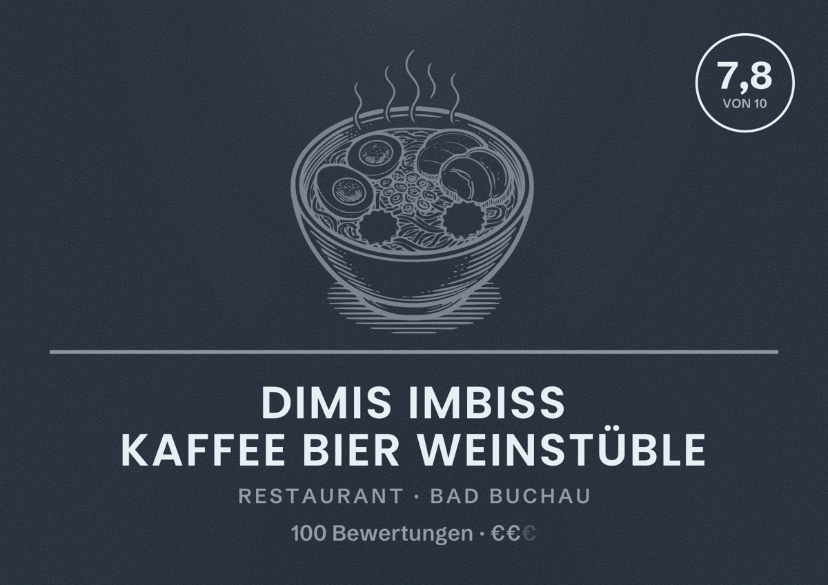 Illustriertes Poster von Dimis Imbiss Kaffee Bier Weinstüble, Restaurant in Bad Buchau: Bewertung 7,8 von 10 aus 100 Bewertungen, Preisniveau €€