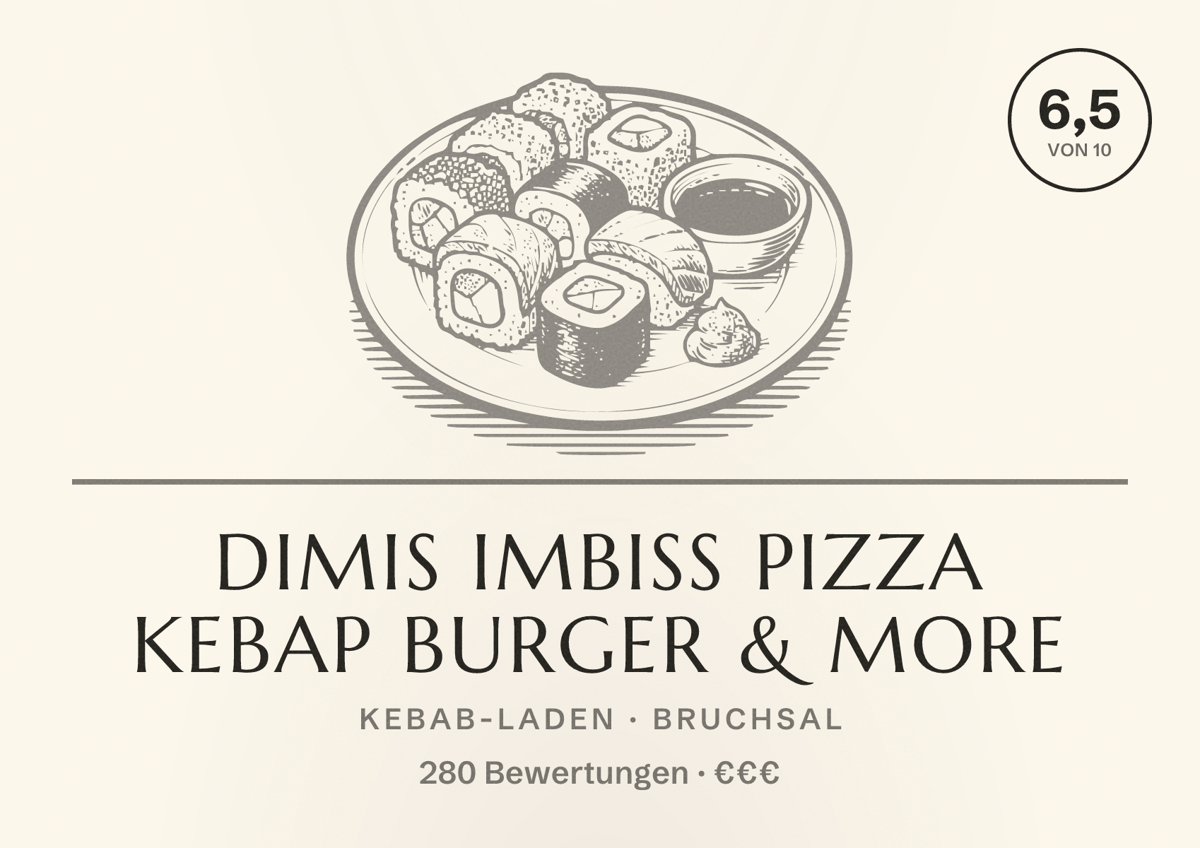 Illustriertes Poster von Dimis Imbiss Pizza Kebap Burger & More, Kebab-Laden in Bruchsal: Bewertung 6,5 von 10 aus 280 Bewertungen, Preisniveau €€€