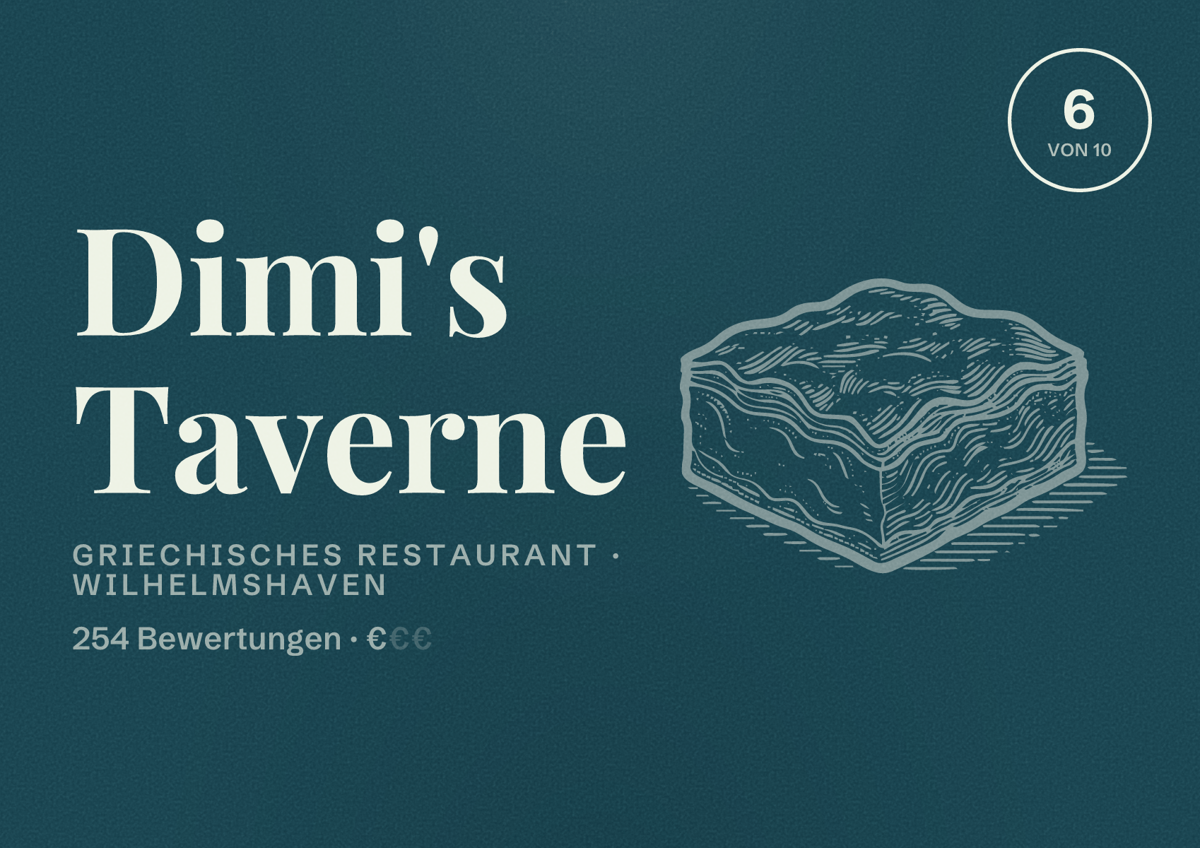 Illustriertes Poster von Dimi's Taverne, Griechisches Restaurant in Wilhelmshaven: Bewertung 6 von 10 aus 254 Bewertungen, Preisniveau €