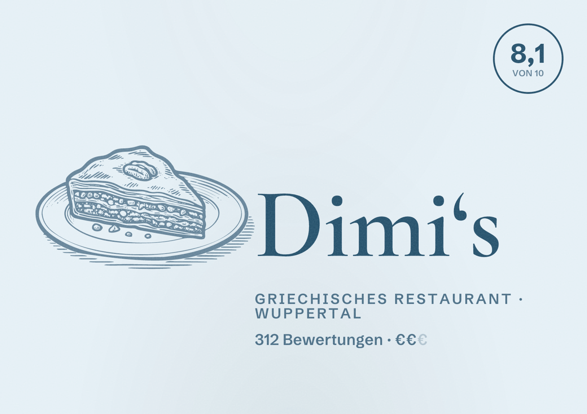 Illustriertes Poster von Dimi‘s, Griechisches Restaurant in Wuppertal: Bewertung 8,1 von 10 aus 312 Bewertungen, Preisniveau €€