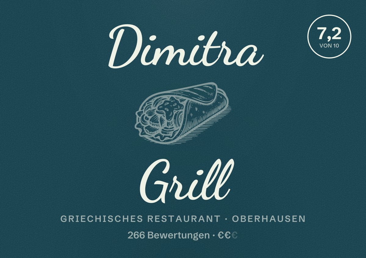 Illustriertes Poster von Dimitra Grill, Griechisches Restaurant in Oberhausen: Bewertung 7,2 von 10 aus 266 Bewertungen, Preisniveau €€