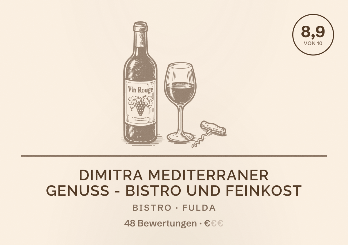 Illustriertes Poster von Dimitra Mediterraner Genuss - Bistro und Feinkost, Bistro in Fulda: Bewertung 8,9 von 10 aus 48 Bewertungen, Preisniveau €