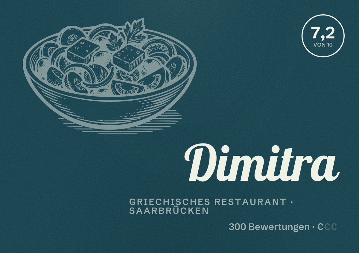 Illustriertes Poster von Dimitra, Griechisches Restaurant in Saarbrücken: Bewertung 7,2 von 10 aus 300 Bewertungen, Preisniveau €