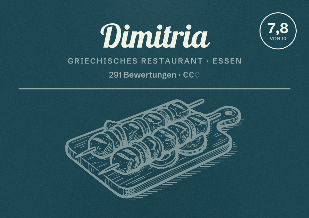 Illustriertes Poster von Dimitria, Griechisches Restaurant in Essen: Bewertung 7,8 von 10 aus 291 Bewertungen, Preisniveau €€