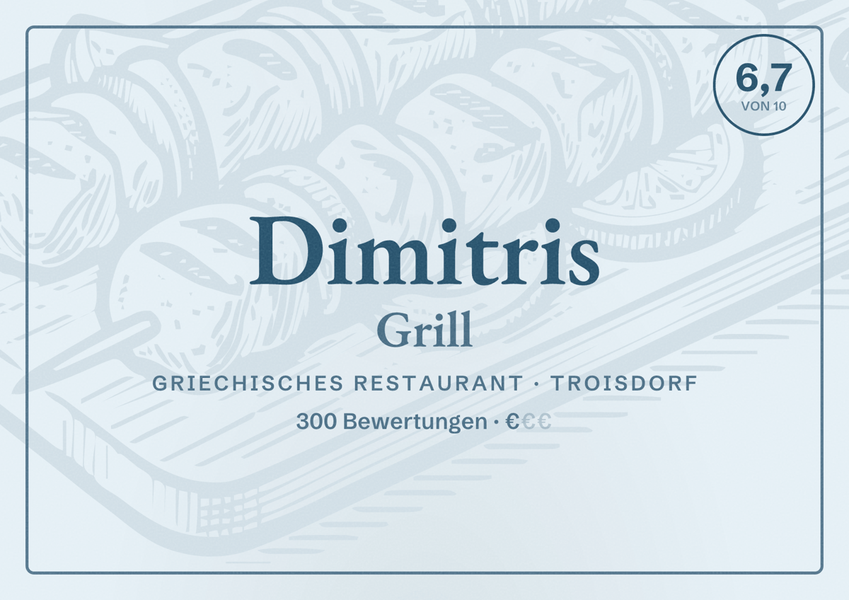 Illustriertes Poster von Dimitris Grill, Griechisches Restaurant in Troisdorf: Bewertung 6,7 von 10 aus 300 Bewertungen, Preisniveau €