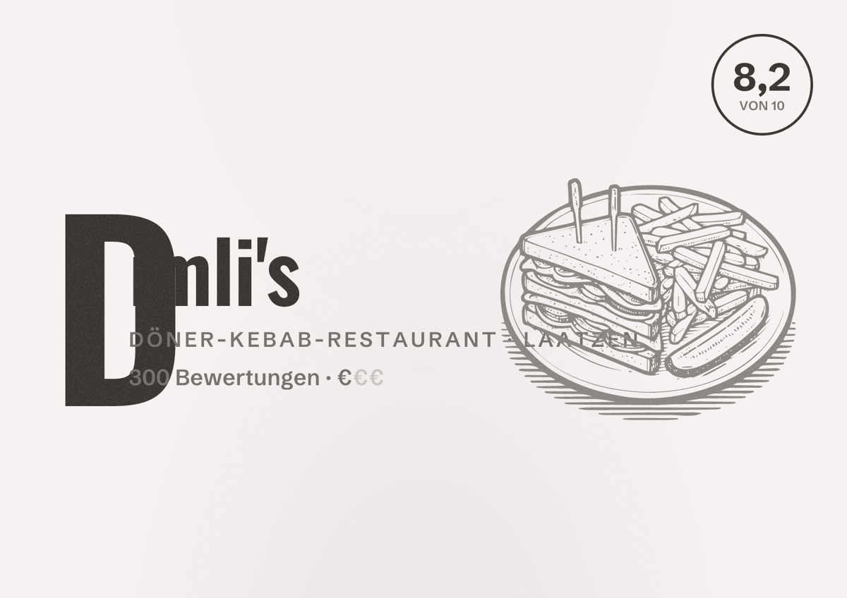 Illustriertes Poster von Dimli's, Döner-Kebab-Restaurant in Laatzen: Bewertung 8,2 von 10 aus 300 Bewertungen, Preisniveau €