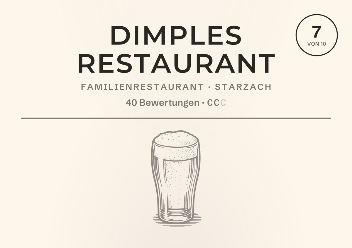 Illustriertes Poster von Dimples Restaurant, Familienrestaurant in Starzach: Bewertung 7 von 10 aus 40 Bewertungen, Preisniveau €€