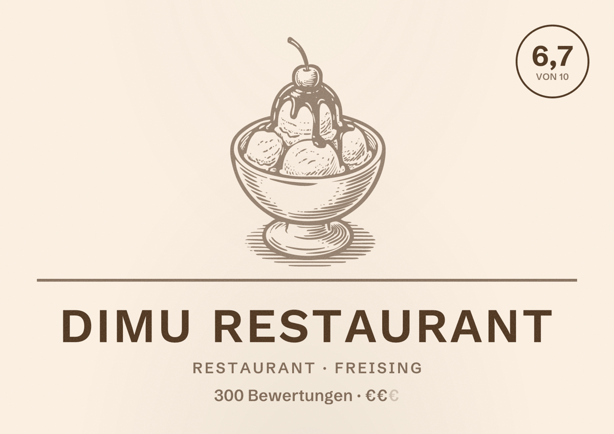 Illustriertes Poster von DIMU Restaurant, Restaurant in Freising: Bewertung 6,7 von 10 aus 300 Bewertungen, Preisniveau €€