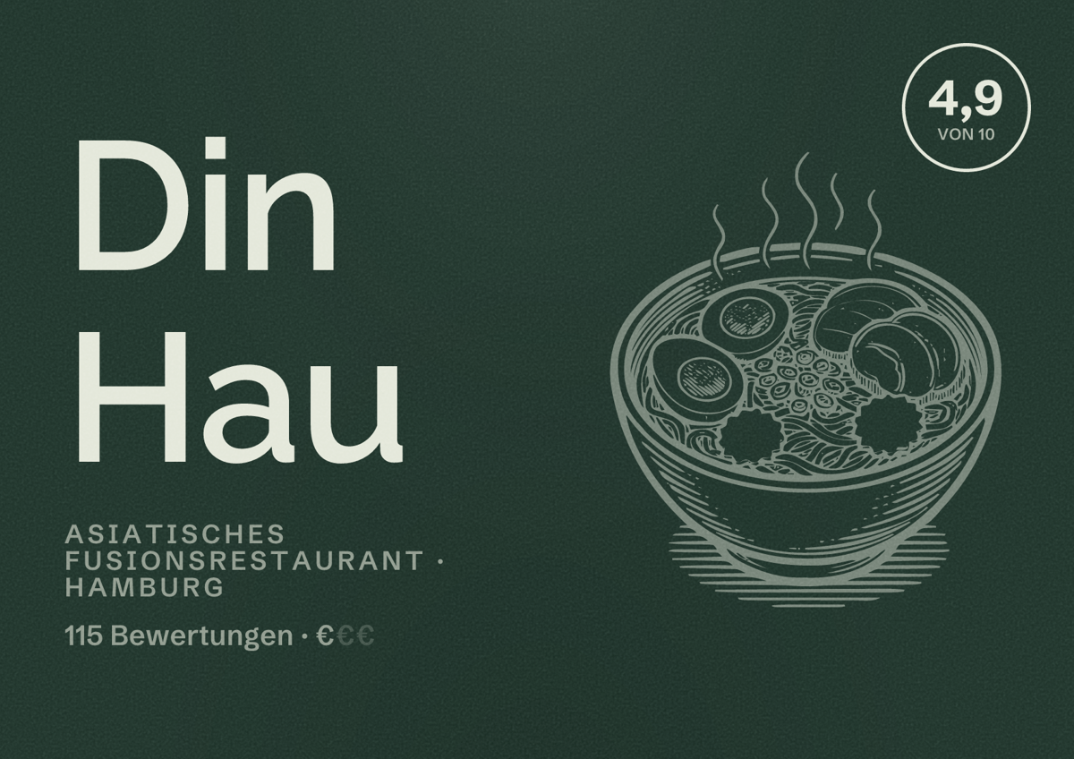 Illustriertes Poster von Din Hau, Asiatisches Fusionsrestaurant in Hamburg: Bewertung 4,9 von 10 aus 115 Bewertungen, Preisniveau €