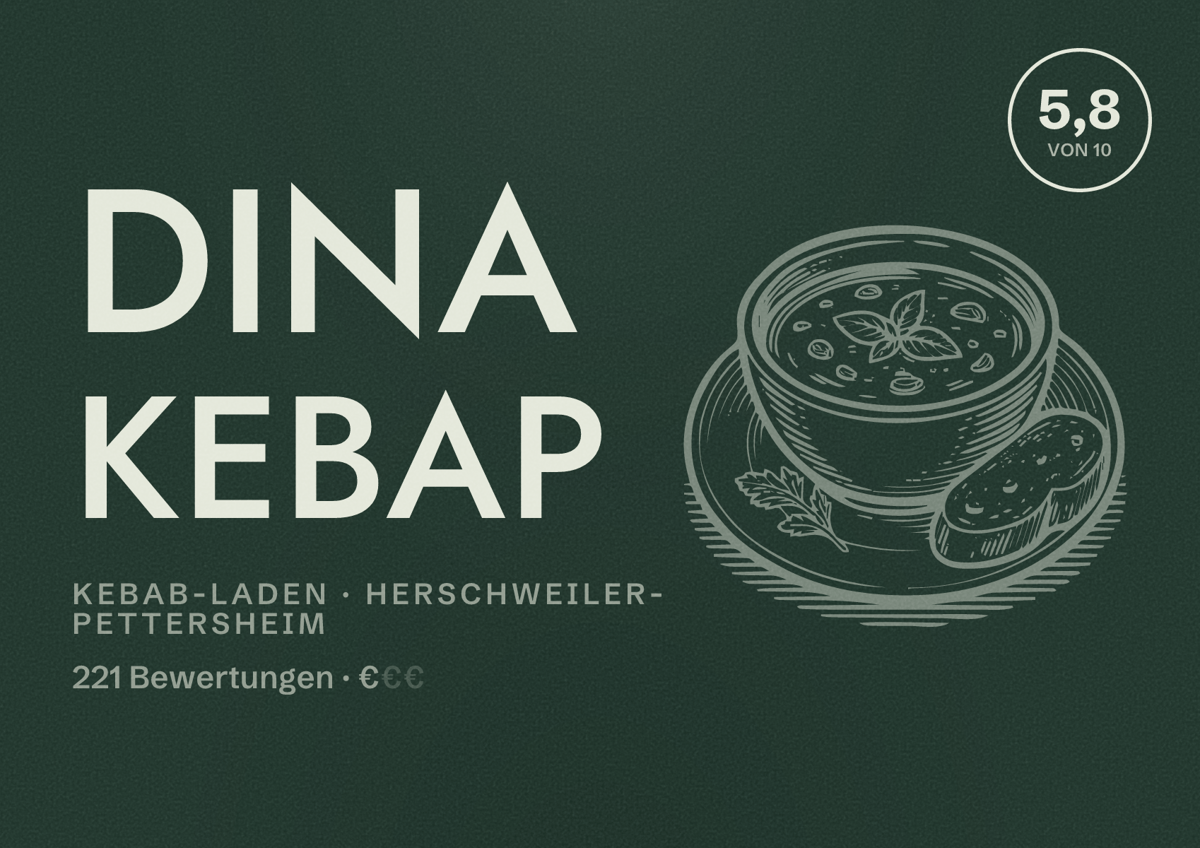 Illustriertes Poster von Dina Kebap, Kebab-Laden in Herschweiler-Pettersheim: Bewertung 5,8 von 10 aus 221 Bewertungen, Preisniveau €