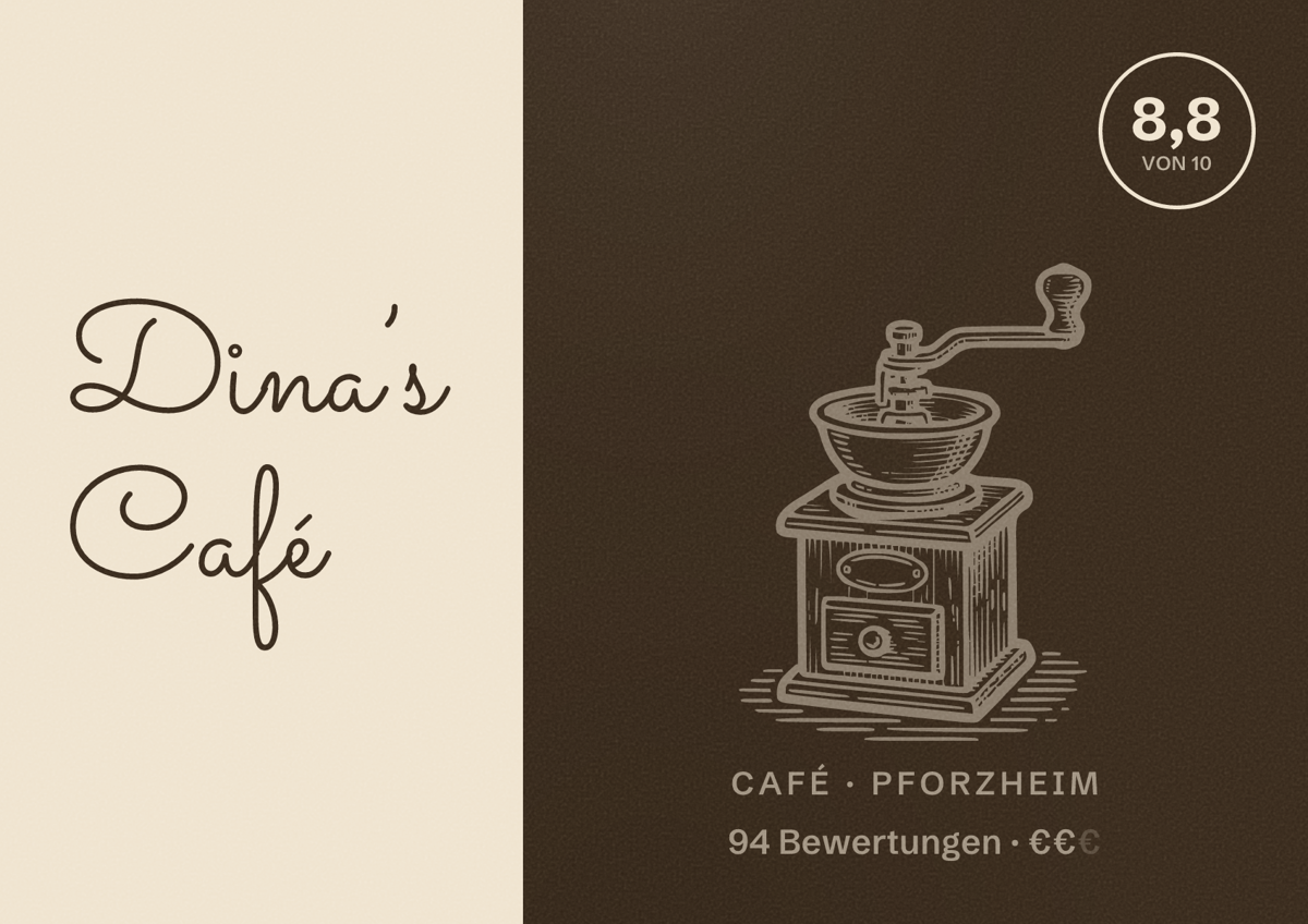 Illustriertes Poster von Dina’s Café, Café in Pforzheim: Bewertung 8,8 von 10 aus 94 Bewertungen, Preisniveau €€