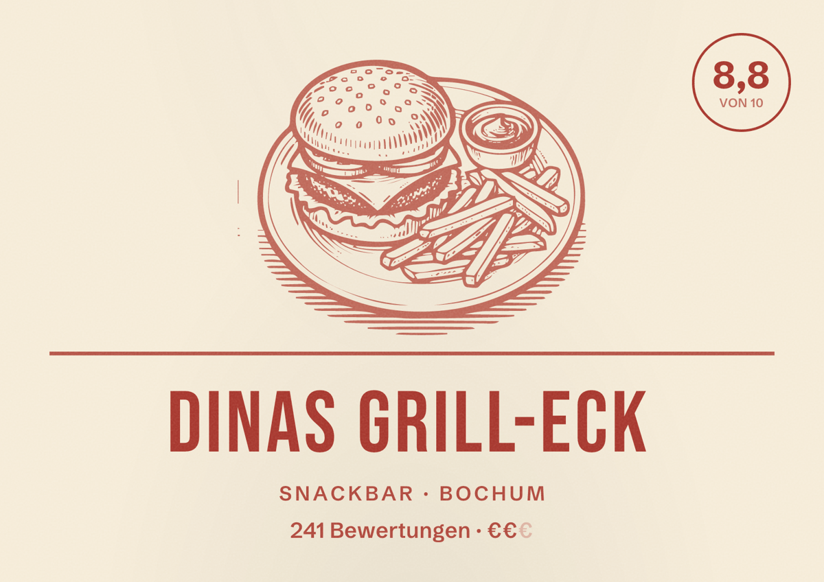 Illustriertes Poster von Dinas Grill-Eck, Snackbar in Bochum: Bewertung 8,8 von 10 aus 241 Bewertungen, Preisniveau €€