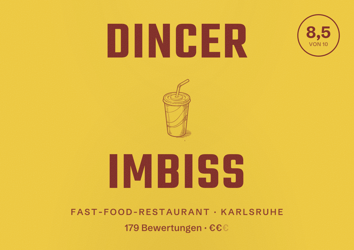 Illustriertes Poster von Dincer Imbiss, Fast-Food-Restaurant in Karlsruhe: Bewertung 8,5 von 10 aus 179 Bewertungen, Preisniveau €€