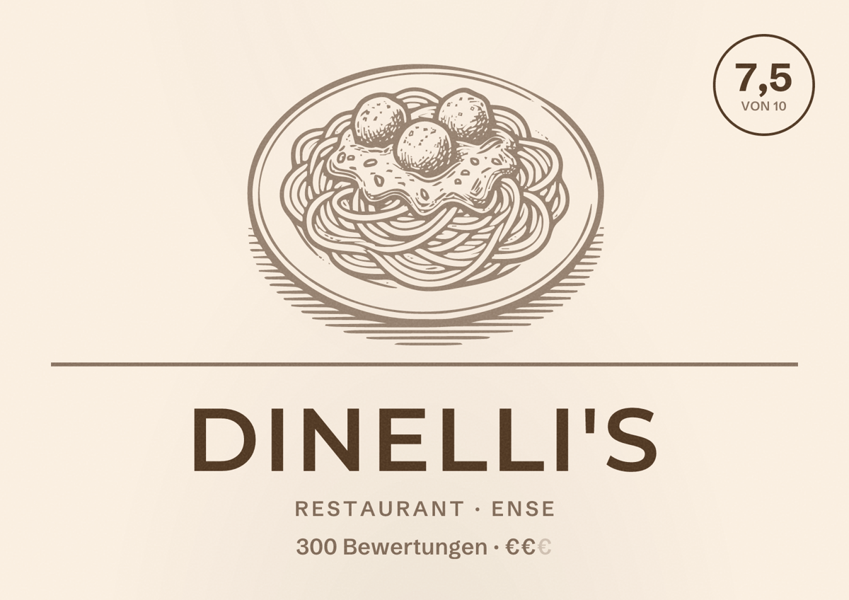 Illustriertes Poster von Dinelli's, Restaurant in Ense: Bewertung 7,5 von 10 aus 300 Bewertungen, Preisniveau €€