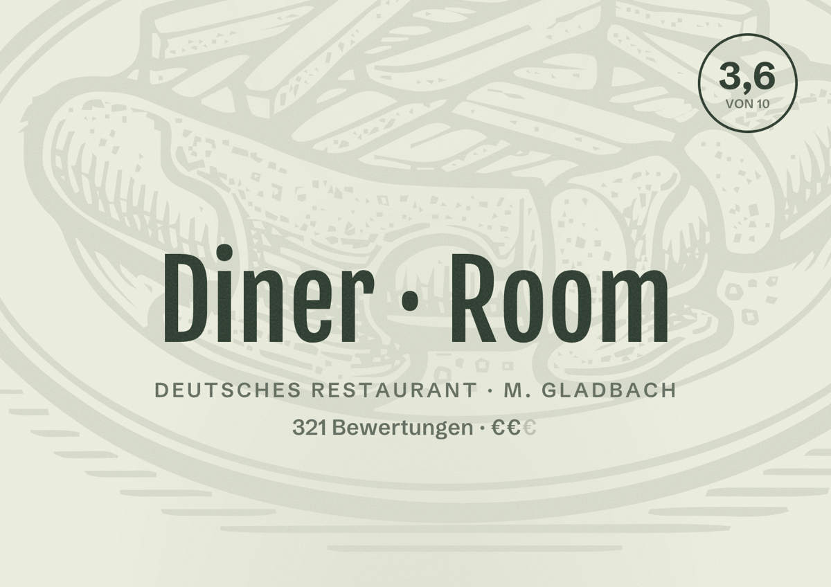 Illustriertes Poster von Diner Room, Deutsches Restaurant in M. Gladbach: Bewertung 3,6 von 10 aus 321 Bewertungen, Preisniveau €€