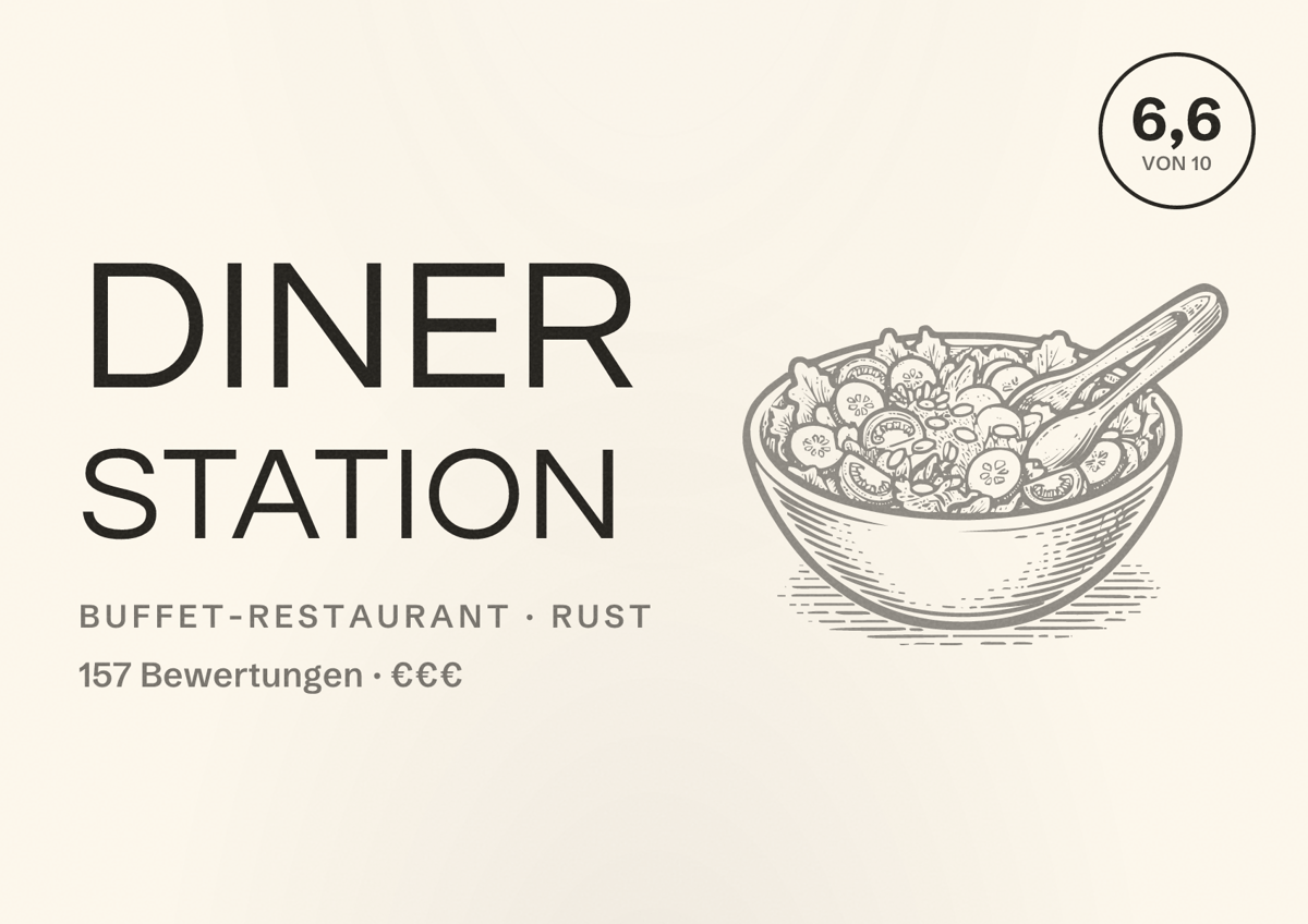 Illustriertes Poster von Diner Station, Buffet-Restaurant in Rust: Bewertung 6,6 von 10 aus 157 Bewertungen, Preisniveau €€€