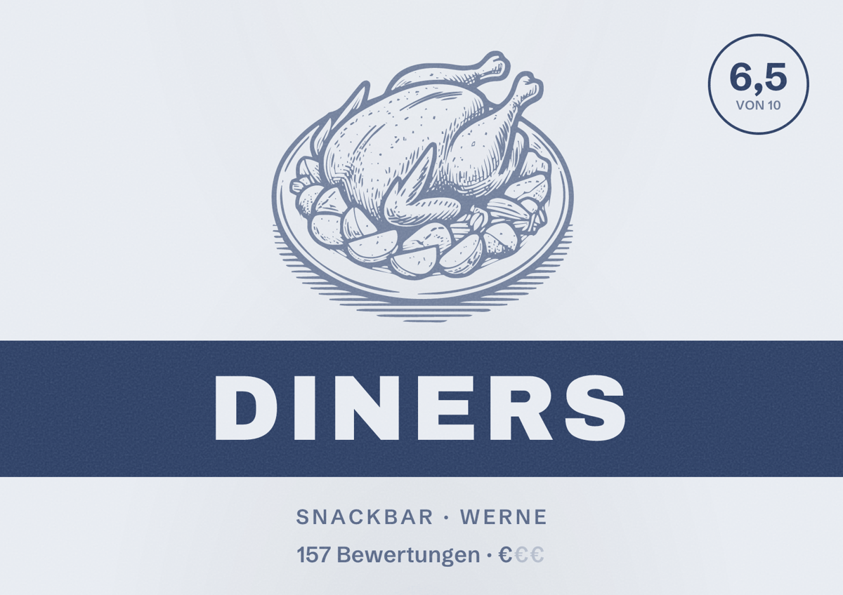 Illustriertes Poster von Diners, Snackbar in Werne: Bewertung 6,5 von 10 aus 157 Bewertungen, Preisniveau €
