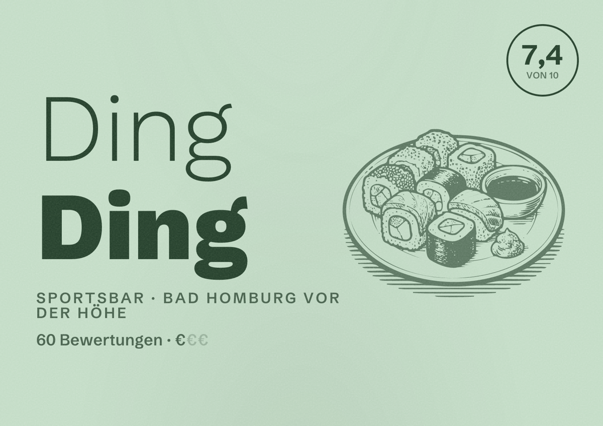 Illustriertes Poster von Ding Ding, Sportsbar in Bad Homburg vor der Höhe: Bewertung 7,4 von 10 aus 60 Bewertungen, Preisniveau €