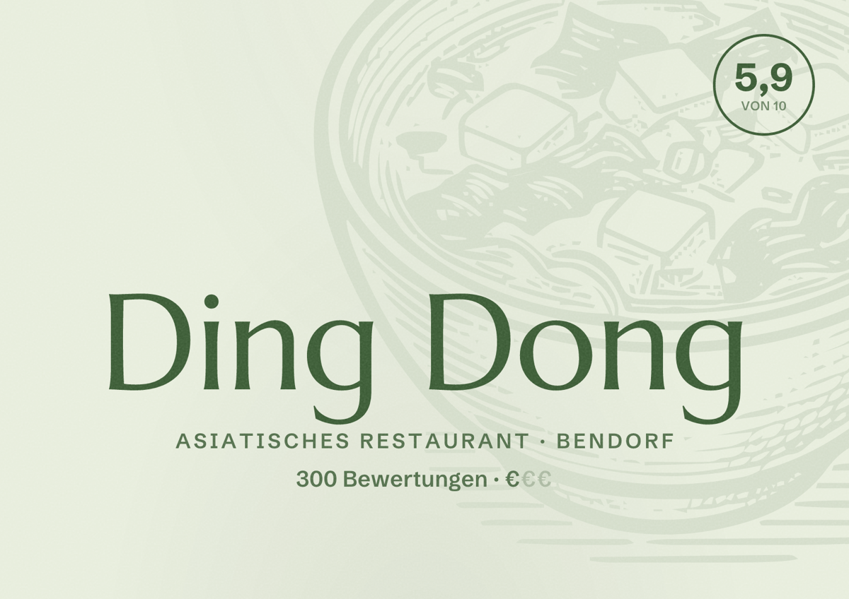Illustriertes Poster von Ding Dong, Asiatisches Restaurant in Bendorf: Bewertung 5,9 von 10 aus 300 Bewertungen, Preisniveau €