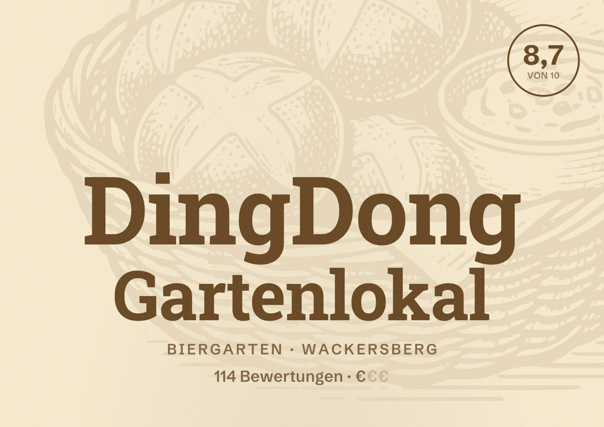 Illustriertes Poster von DingDong Gartenlokal, Biergarten in Wackersberg: Bewertung 8,7 von 10 aus 114 Bewertungen, Preisniveau €