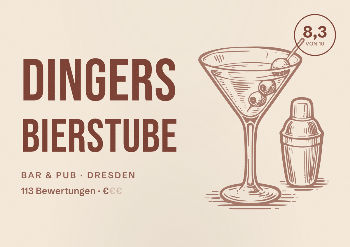 Illustriertes Poster von Dingers Bierstube, Bar & Pub in Dresden: Bewertung 8,3 von 10 aus 113 Bewertungen, Preisniveau €