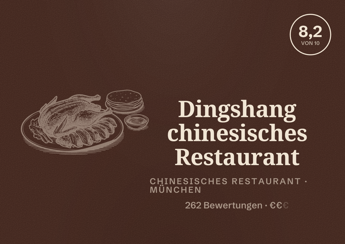 Illustriertes Poster von Dingshang chinesisches Restaurant, Chinesisches Restaurant in München: Bewertung 8,2 von 10 aus 262 Bewertungen, Preisniveau €€