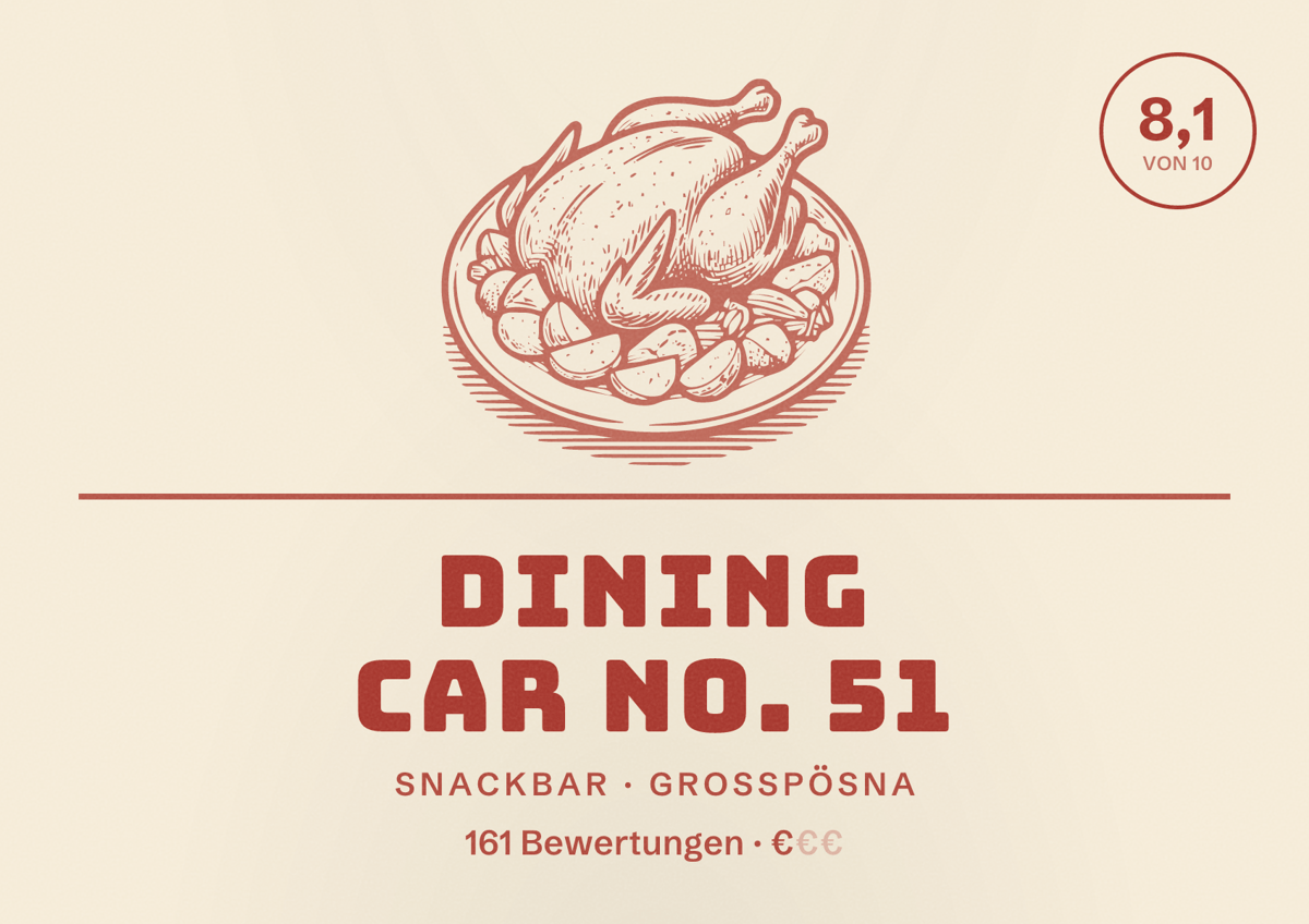 Illustriertes Poster von Dining car no. 51, Snackbar in Großpösna: Bewertung 8,1 von 10 aus 161 Bewertungen, Preisniveau €
