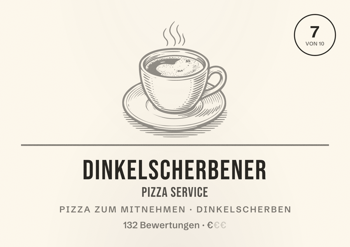 Illustriertes Poster von Dinkelscherbener Pizza Service, Pizza zum Mitnehmen in Dinkelscherben: Bewertung 7 von 10 aus 132 Bewertungen, Preisniveau €