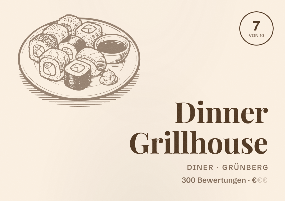 Illustriertes Poster von Dinner Grillhouse, Diner in Grünberg: Bewertung 7 von 10 aus 300 Bewertungen, Preisniveau €