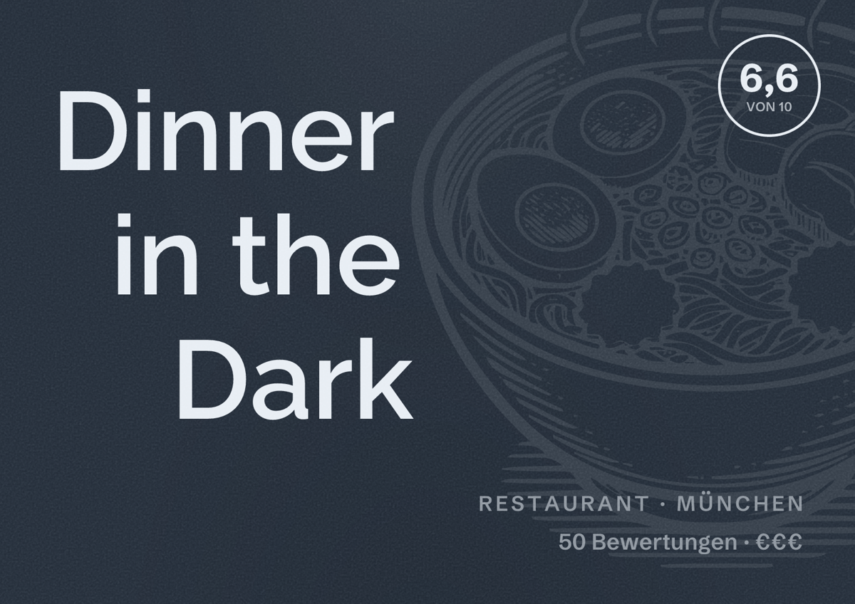 Illustriertes Poster von Dinner in the Dark, Restaurant in München: Bewertung 6,6 von 10 aus 50 Bewertungen, Preisniveau €€€