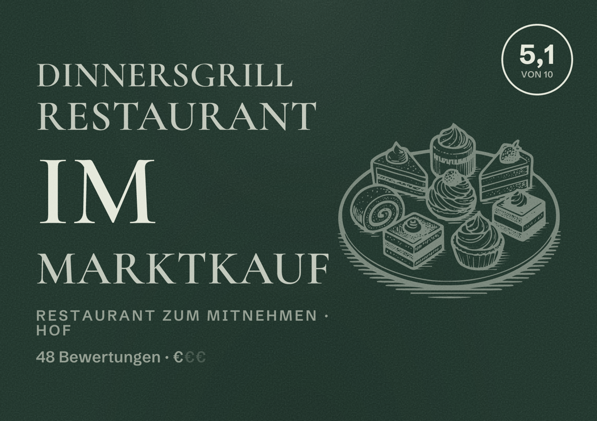 Illustriertes Poster von DinnersGrill Restaurant im Marktkauf, Restaurant zum Mitnehmen in Hof: Bewertung 5,1 von 10 aus 48 Bewertungen, Preisniveau €